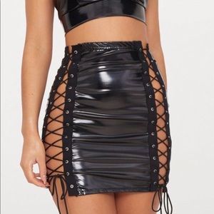 Pretty Little Things Black Vinyl Lace Up Skirt